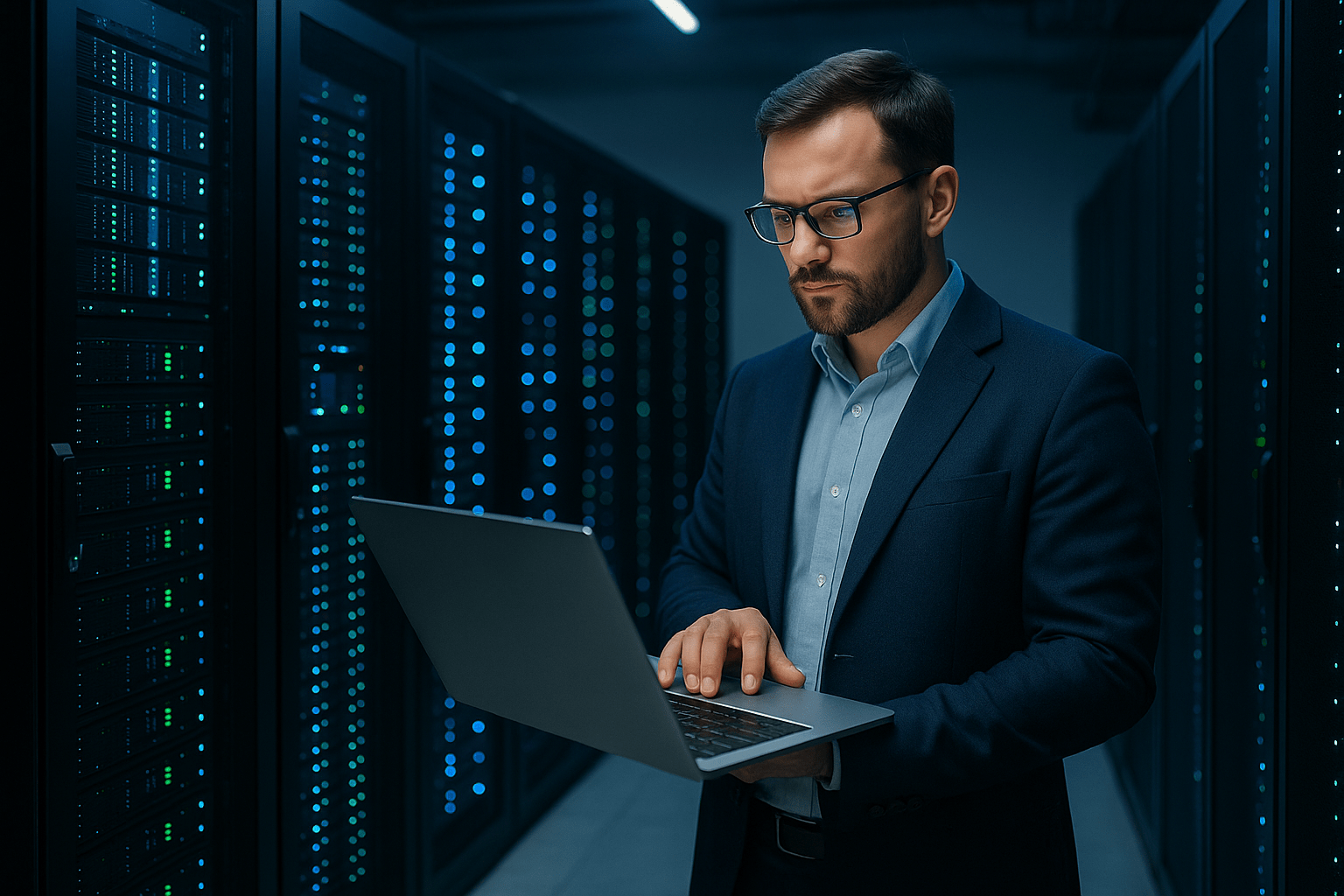 Unternehmer im modernen Serverraum steht mit Laptop für professionelle Website-Wartung und Hosting