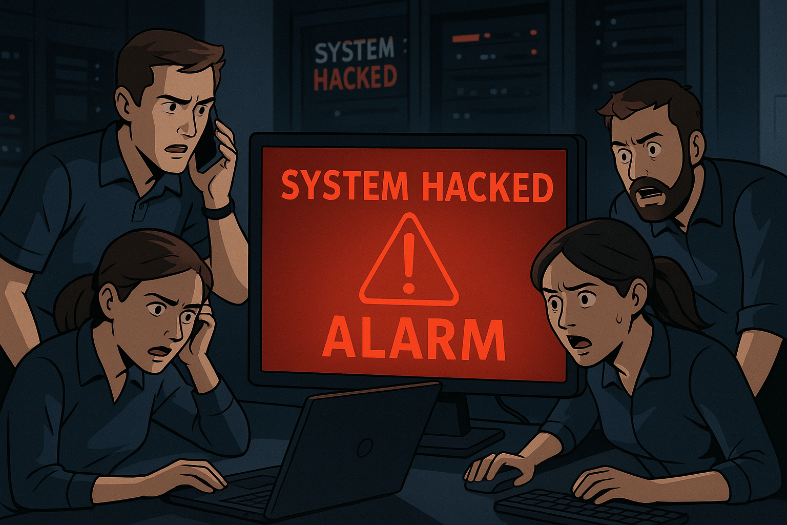 Hackerangriff, Alarm, Team in Panik